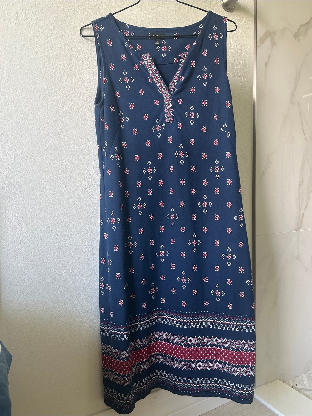 Navy Sleeveless Maxi Dress with Red & White Print